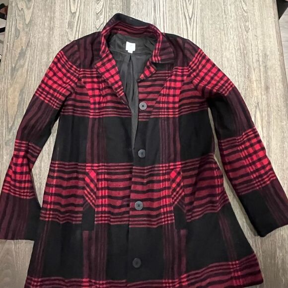 J. Jill Womens Peacoat Jacket Plaid Button Front Wool Collared Red/Black Size XS - Picture 2 of 9